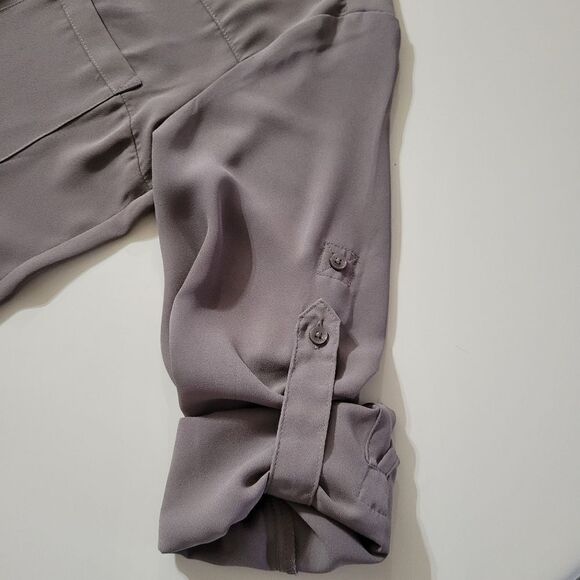 Express Portofino Taupe Button Down Blouse Black Trim - Picture 11 of 14